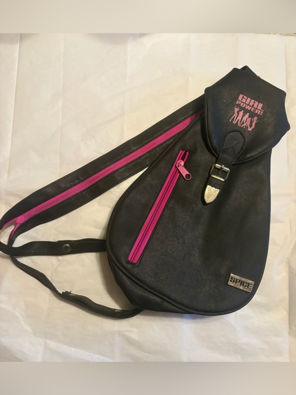 Vintage Y2K Spice Girls 'Girl Power' Black & Hot Pink Sling Backpack